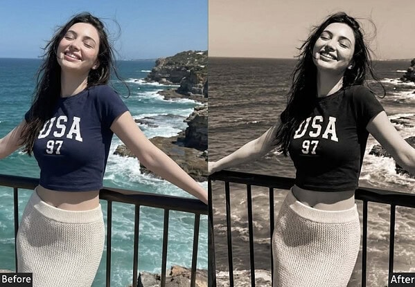 Young woman enjoying a sunny day at the beach, showcasing vibrant colors and enhanced contrast using Lightroom presets for Instagram-worthy photos.