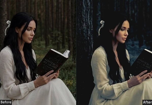 Comparison of a woman reading a book in a forest before and after applying Lightroom presets for Instagram-worthy edits.