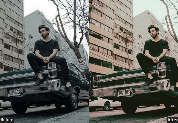 Before and after photo editing of a young man sitting on a vintage car in an urban setting, showcasing Lightroom preset effects for Instagram.