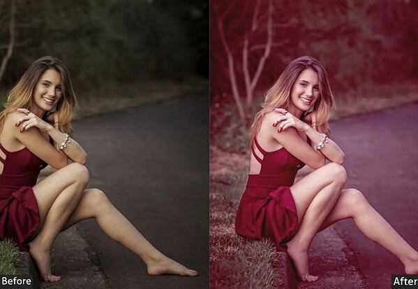 Comparison image showing a woman in a red dress before and after applying Lightroom presets for Instagram-worthy edits.
