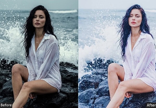 Comparison of a woman sitting on rocks by the sea, showing the original and edited versions using Lightroom presets for Instagram.