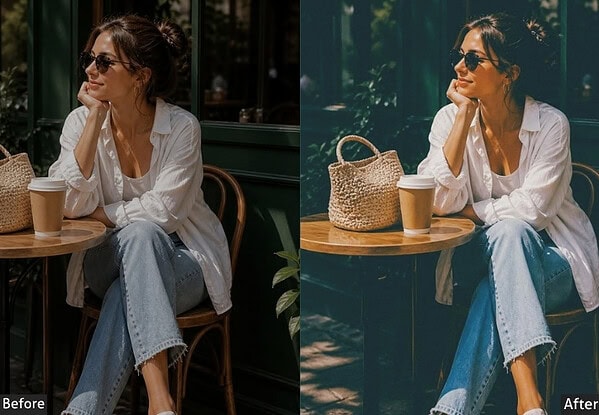 Comparison of a woman sitting at a cafe table before and after applying Lightroom presets for Instagram-worthy edits.
