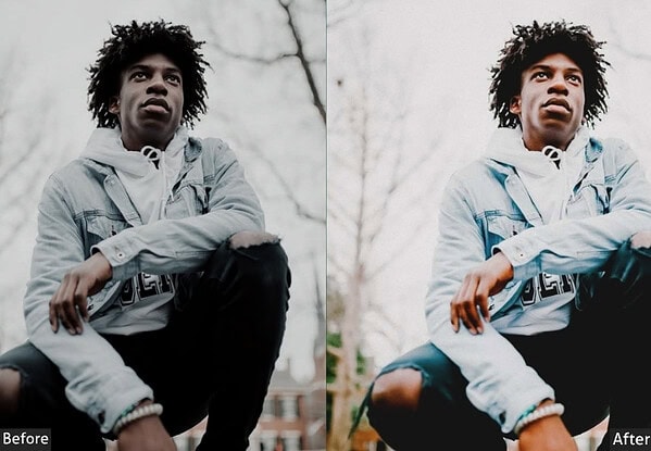 Comparison of a portrait photo before and after applying Lightroom presets for Instagram-worthy edits, showcasing enhanced brightness and color.