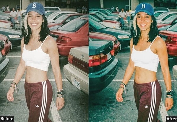 Comparison of a woman in a parking lot before and after applying Lightroom presets for Instagram-worthy edits.