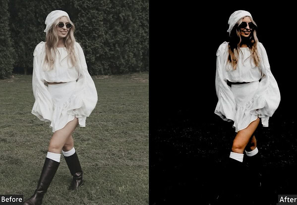 Comparison of a woman in a white dress and hat, showing the original photo and the edited version with Lightroom presets for Instagram.