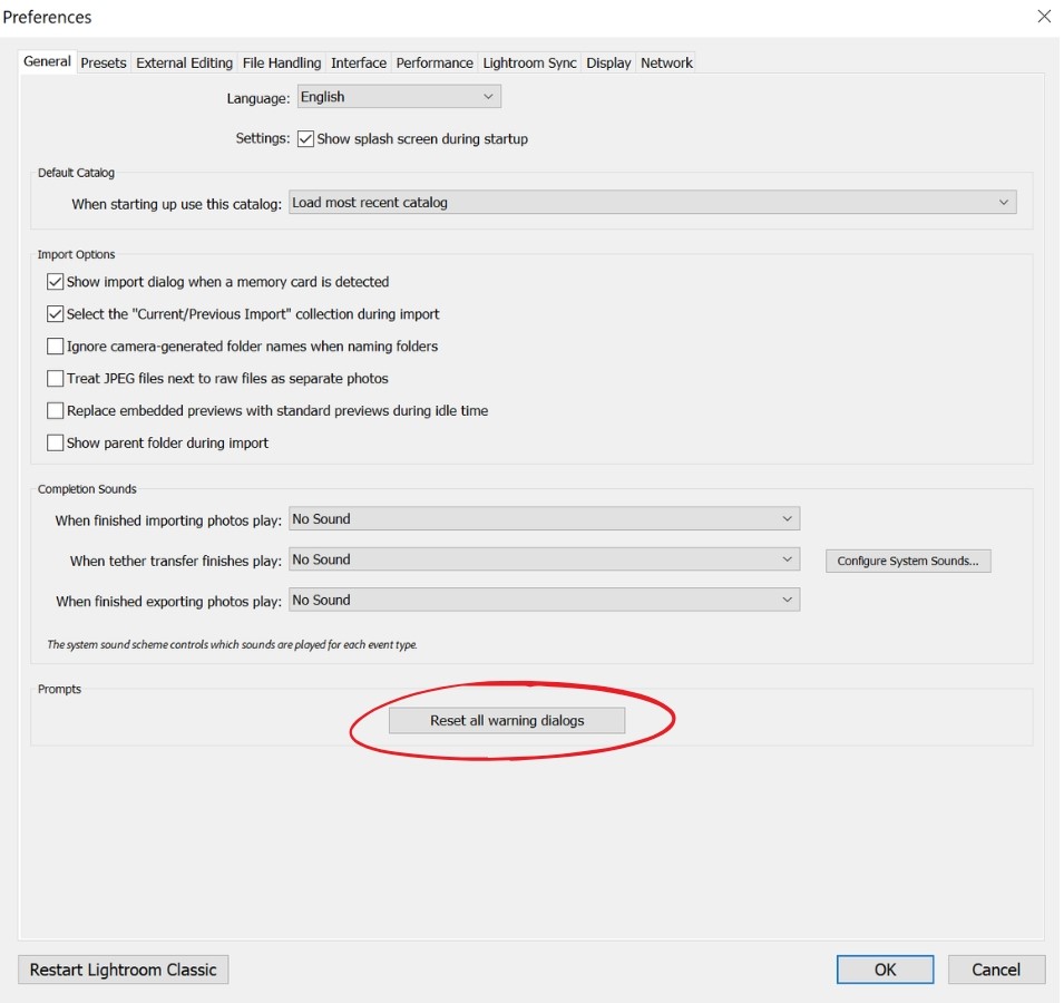 Resetting Lightroom Classic Preferences