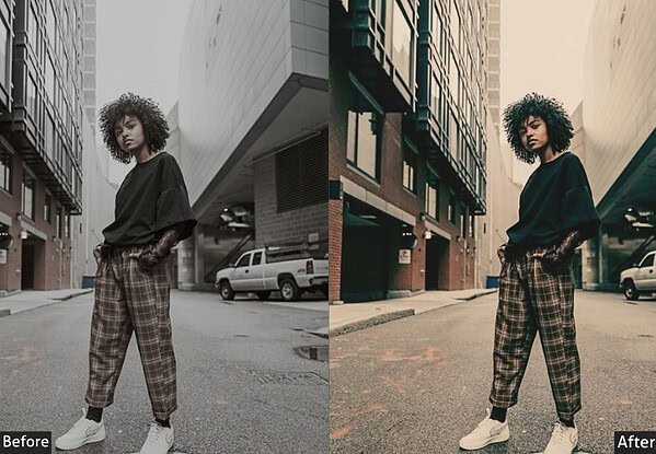 Before and after comparison of a city street photo edited with Lightroom presets for Instagram.