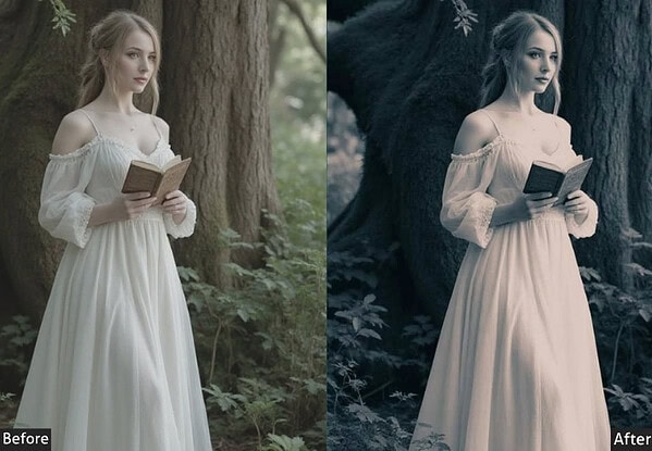 Before and after images of a woman in a white dress reading a book in a forest, showcasing Lightroom preset effects for Instagram-worthy edits.