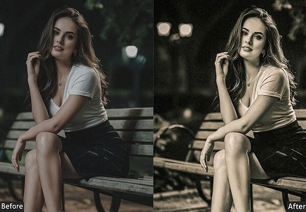 Comparison of a woman sitting on a park bench before and after applying Lightroom presets for Instagram-worthy edits.