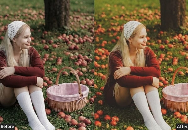 Young woman sitting in an apple orchard with a basket, showcasing before and after Lightroom preset edits for Instagram-worthy photos.