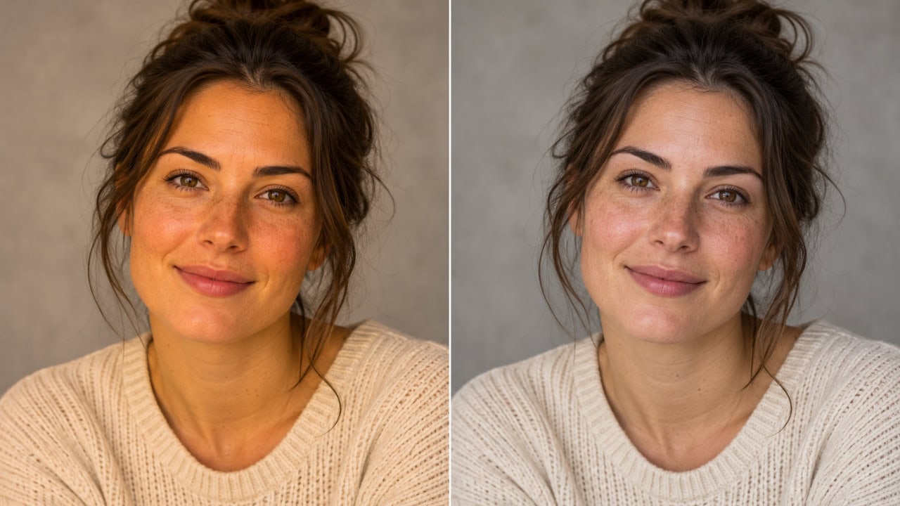 Comparison of a woman's skin tone before and after editing in Lightroom, showing improved natural skin tones and reduced orange and red hues.