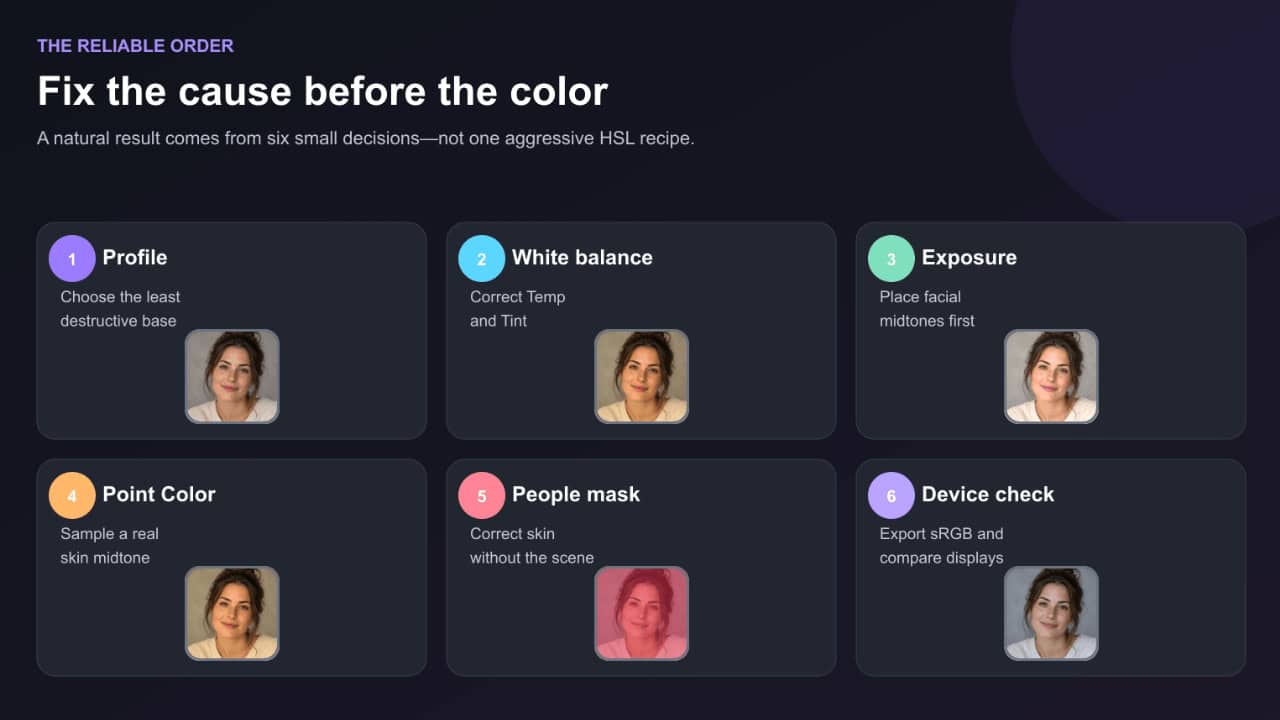 Step-by-step guide on adjusting skin tones in Lightroom to fix orange, red, and gray skin with six detailed steps.