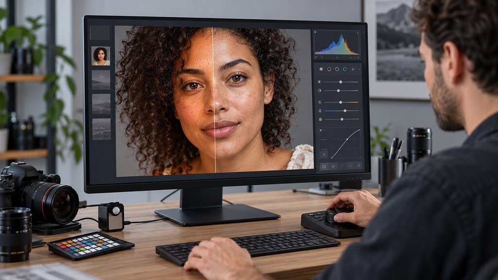 Photographer editing a portrait in Lightroom to enhance natural skin tones, focusing on color correction and skin tone balancing.