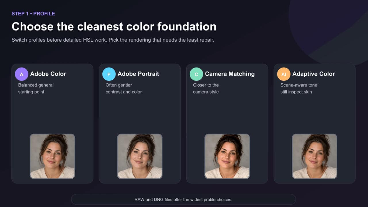 Guide to selecting the clearest color foundation for natural skin tones in Lightroom, featuring Adobe Color, Adobe Portrait, Camera Matching, and Adaptive Color options.