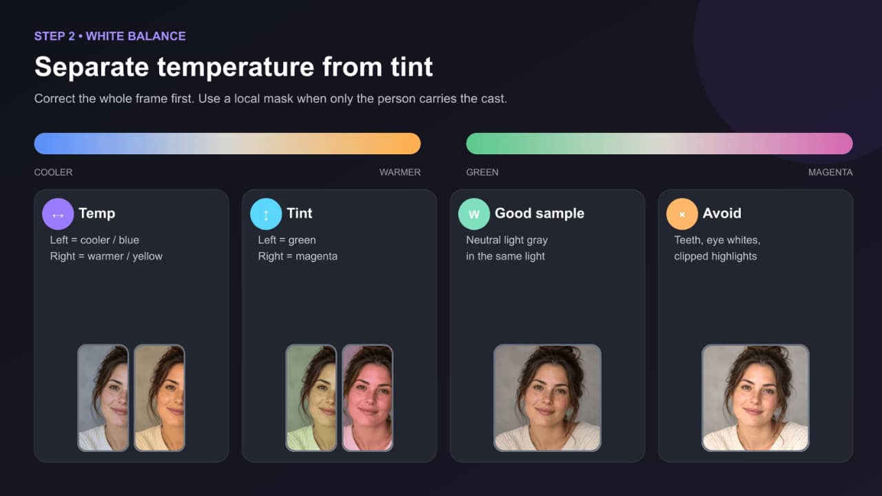 Step-by-step guide on how to separate temperature from tint in Lightroom for natural skin tones, including color sliders and sample images.